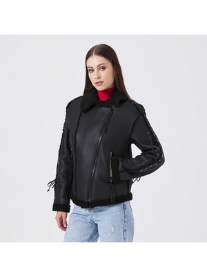 Tergan Siyah Hakiki Deri Kadın Kürk Mont - K23KKM320410-U1K