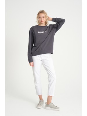 Süperlife Kadın Bisiklet Yaka Oversize Fit Brooklyn Baskılı Ince Sweatshirt SPR23SWK330