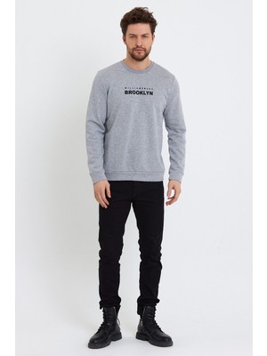 Süperlife Erkek Bisiklet Yaka Regular Fit Brooklyn Baskılı Ince Sweatshirt SPR23SW330