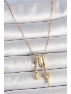 316L Çelik Gold Renk Zirkon Taşlı Sallantı Ay Yıldız Figür Charm Kadın Kolye