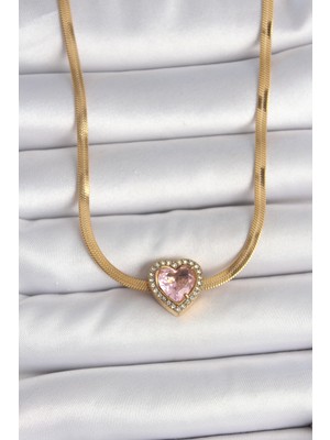 316L Çelik Gold Renk Italyan Zincir Pembe Zirkon Taşlı Kalp Model Kadın Kolye
