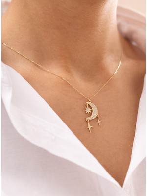 Gece Işıltısı Ay Yıldız Taşlı 14 Ayar Altın Kolye