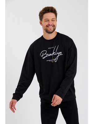 Süperlife Erkek Bisiklet Yaka Regular Fit  El Yazılı Brooklyn Ince Sweatshirt SPR23SW331