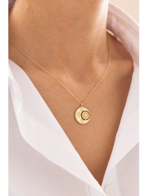 Gökyüzü Işıltısı Ay ve Yıldızlı 14 Ayar Altın Kolye