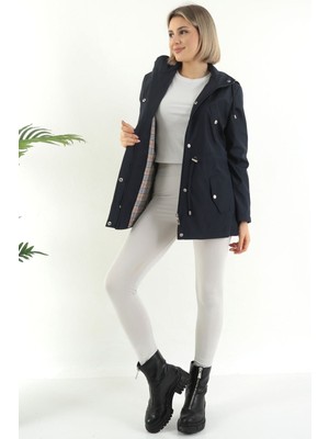 Kadın Suya Dayanıklı Trençkot Kapüşonlu Ekoseli Vizon Trençkot Bonded Kumaş Trençkot