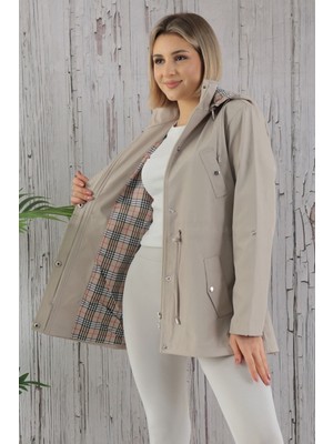 TUTveAL Collection Kadın Suya Dayanıklı Trençkot Kapüşonlu Ekoseli Vizon Trençkot Bonded Kumaş Trençkot