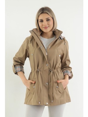 TUTveAL Collection Kadın Vizon Renkli Kapüşonlu Trençkot Bonded Kumaş Suya Dayanıklı Uzun Kollu Rahat Tasarım