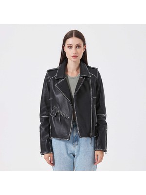 Tergan Siyah Hakiki Deri Kadın Hakiki Deri Biker Mont - K23KDM320402-Q3H