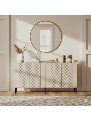 Ceneyra KA1512BE- Resso Lazer Çizgili Konsol , Tv Sehpası , Çok Amaçlı Dolap 150CM Beyaz -Traverten