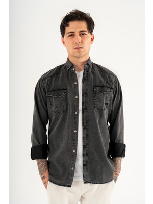 Souris Erkek Siyah Slimfit Dar Kesim Çift Cepli Çıtçıtlı Yıkamalı Kot Gömlek