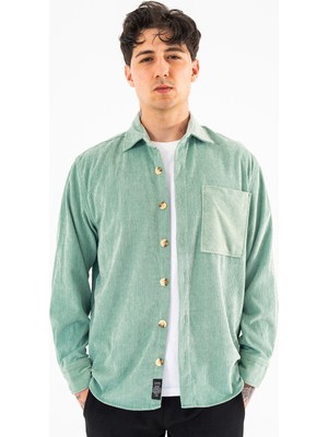 Souris Erkek Kadife Gömlek Su Yeşili Rahat Kesim Uzun Kollu Tek Cepli