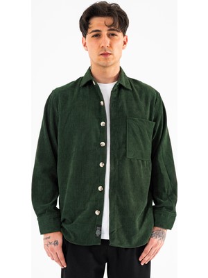 Souris Erkek Kadife Gömlek Haki Rahat Kesim Uzun Kollu Tek Cepli