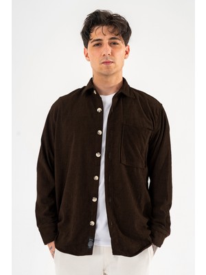 Souris Erkek Kadife Gömlek Kahverengi Rahat Kesim Uzun Kollu Tek Cepli