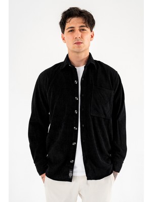 Souris Erkek Kadife Gömlek Siyah Rahat Kesim Uzun Kollu Tek Cepli