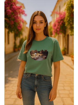 Kadın Bisiklet Yaka %100 Pamuk Blok Baskılı Kısa Kollu T-Shirt