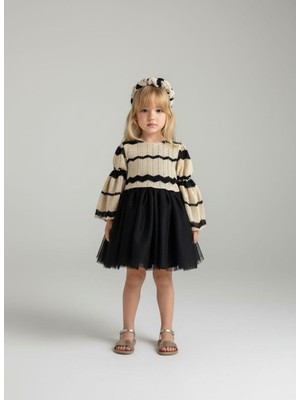Kız Çocuk Pamuklu Triko Desenli Balon Kol Siyah Tül Etekli Elbise