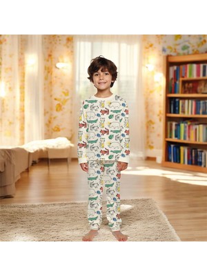 Elmpup Krem Hayvanlar Alemi Desenli %100 Pamuk Erkek Çocuk Pijama Takımı 1-13 Yaş 3079