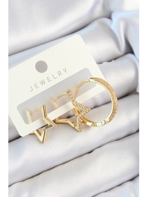 Pirinç Zirkon Taşlı Yıldız ve Halka Model Gold Renk 3'lü Çift Kadın Küpe Set