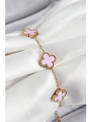 316L Çelik Pembe Sedef Yonca Model Gold Renk Kadın Bileklik