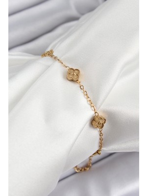 316L Çelik Yonca Model Gold Renk Kadın Bileklik