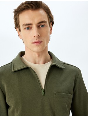 Uzun Kollu Cep Detaylı Basic Şardonlu Yarım Fermuarlı Polo Yaka Sweatshirt