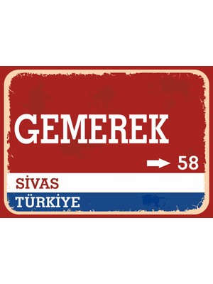 Sivas Gemerek Retro Sokak Yön Tabelası Vintage Pvc Dekota Uv Poster Yapışkanlı 35X25