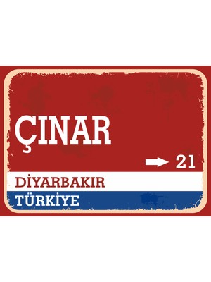 Diyarbakır Çınar Retro Sokak Yön Tabelası Vintage Pvc Dekota Uv Poster Yapışkanlı 35X25