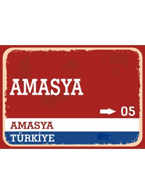 Amasya Retro Sokak Yön Tabelası Vintage Pvc Dekota Uv Poster Yapışkanlı 35X25