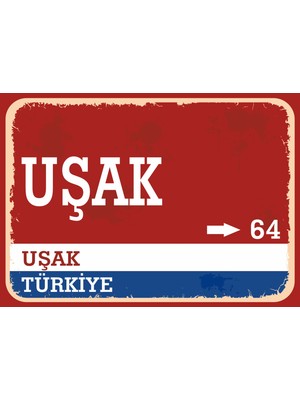 Uşak Retro Sokak Yön Tabelası Vintage Pvc Dekota Uv Poster Yapışkanlı 35X25