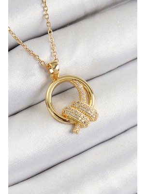 316L Çelik Zirkon Taşlı Döner Güneş Model Gold Renk Kadın Kolye