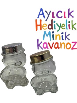 Sevimli Ayıcık Tasarımlı Minik Cam Kavanoz 6'lı – Bebek, Nikah, Nişan Hediyeliği Gold Kapak