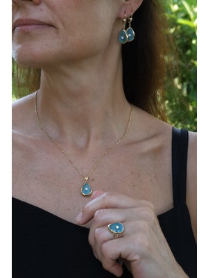 14 Ayar Altın Turkuaz Taş Gövdeli Tek Taş Detaylı Set