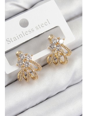 Pirinç Zirkon Taşlı Model Gold Renk Kadın Küpe