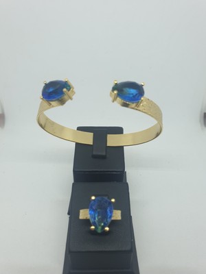 Turmalin Orjinal Doğal Taş Altın Kaplama Desenli Ikili Bileklik&tekli Yüzük Set Damla Taşlı