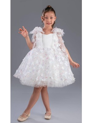 Kız Çocuk Beyaz Çiçek Desenli Tül Elbise
