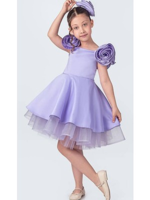 Beyaz Gül Detaylı, Kabarık Etekli Kız Çocuk Özel Gün Abiye Elbisesi