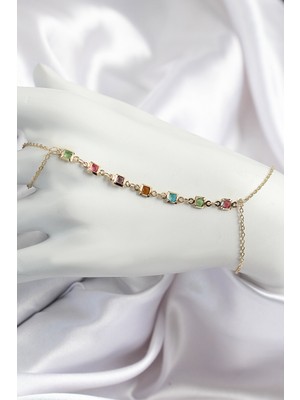 Renkli Kare Zirkon Taşlı Y Model Gold Renk Kadın Şahmeran