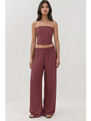Hiccup Kadın Çizgili Straplez Üst & Pantolon İkili Örme Takım Bordo Kırmızı