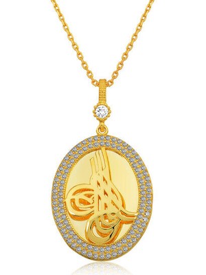 Gold Tuğralı  Zirkon Taşlı 925 Ayar Gümüş Kadın Kolye