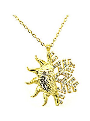 Güneş Kar Tanesi Zirkon Taşlı Gold  925 Ayar Gümüş Kadın Kolye