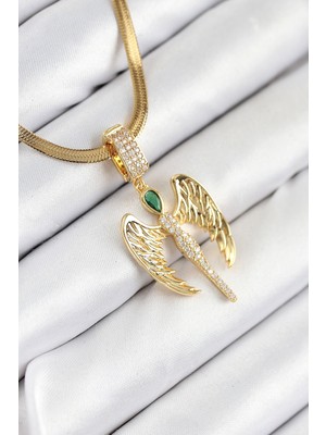 316L Çelik Zirkon Taşlı Melek Model Gold Renk Kadın Kolye