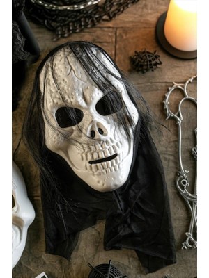 Halloween Maske Iskelet Kuru Kafa Tüllü Siyah Beyaz