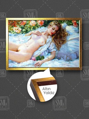 Çiçekler Içerisinde Uzanan Nü Kadın Nude Russian Women Çerçeveli Yatay Kanvas Tablo