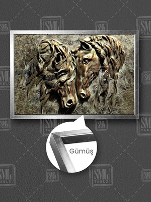 Bronz Levha Rölyef Örgü Saçlı ve Dağınık Saçlı At Çerçeveli Yatay Kanvas Tablo