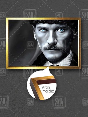 Kalpaklı Mustafa Kemal Atatürk Bir Çift Mavi Göz Çerçeveli Yatay Kanvas Tablo
