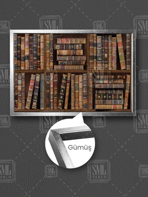Sahaf Eski Kitaplar Ahşap Kitaplık Kütüphane Bilim Sanat Çerçeveli Yatay Kanvas Tablo