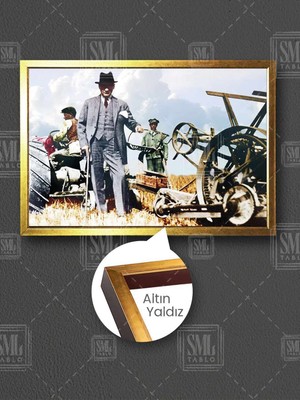 Mustafa Kemal Atatürk ve Cumhuriyet Dönemi Tarım Çiftçilik Çerçeveli Yatay Kanvas Tablo