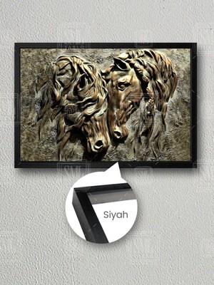 Bronz Levha Rölyef Örgü Saçlı ve Dağınık Saçlı At Çerçeveli Yatay Kanvas Tablo