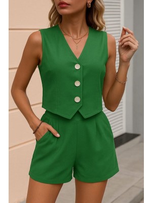 Gökyüzü Moda Kadın Kolsuz Askılı V Yakalı Önden Düğmeli Ithal Keten Ceket ve Short Ikili Takım