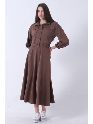 Kahve Beli Lastikli Cepli Ceket ve Etek Ikili Takım 4595053.05